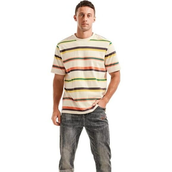Mens Stripe T Shirt Crewneck Loose Fit Soft Cotton Stretch Casual Streetwear - Picture 2 of 7